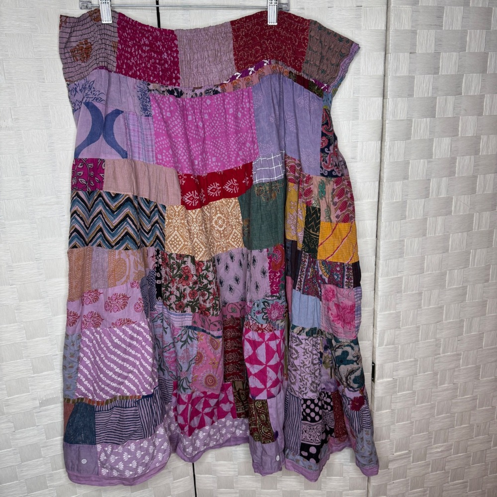 Smocked Patchwork Maxi Skirt Womens 3X Purple Boho Whimsy